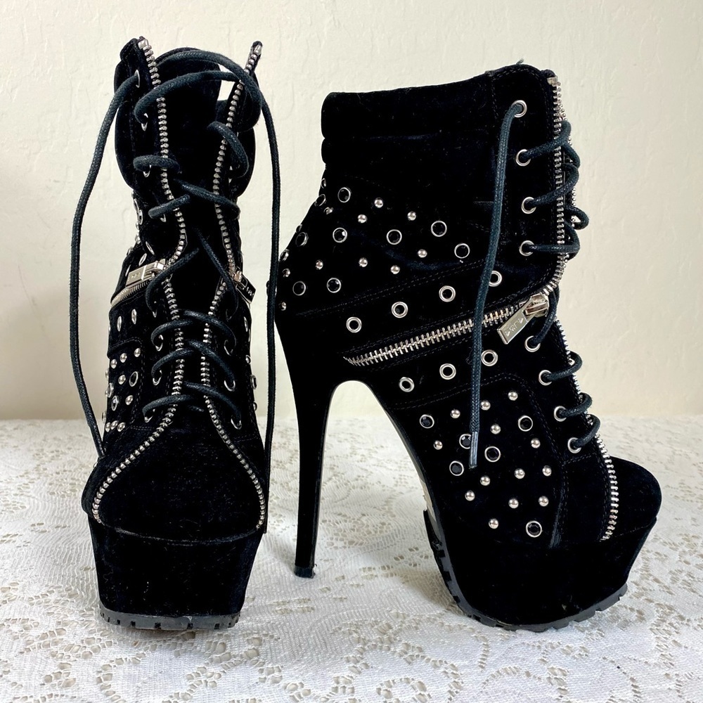 Alba 7.5 black lace up studded stiletto booties
